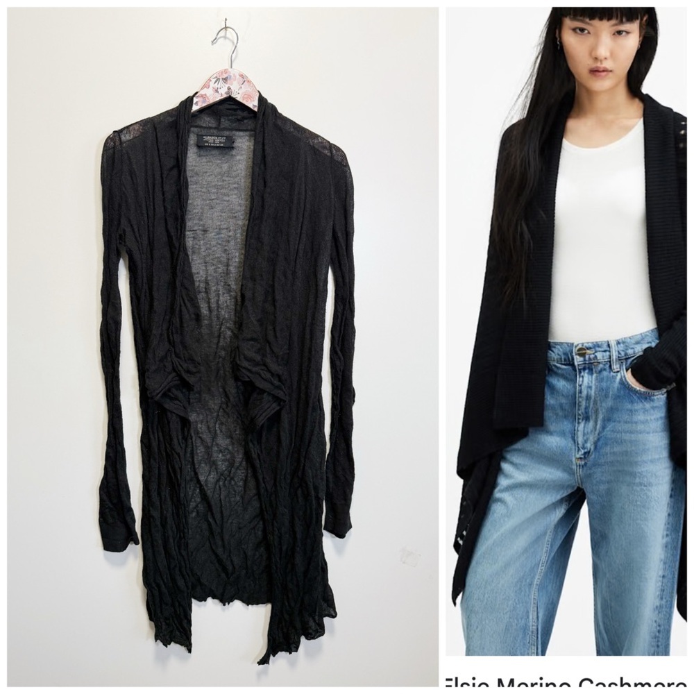ALL SAINTS Elise Black Crinkle Cardigan Sweater Knit Open Front Long Size 2